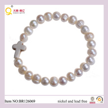 Europe Style White Turquoise Cross Freshwater Pearl Bracelet, Gift for Mother
